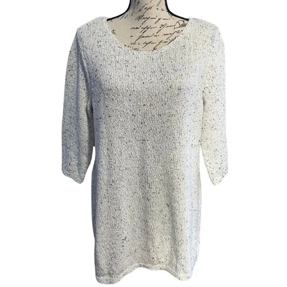 J. Jill Speckled Knit Tunic Sweater Size M Ivory Gray 3/4 Sleeves Notch Hem - Picture 1 of 11